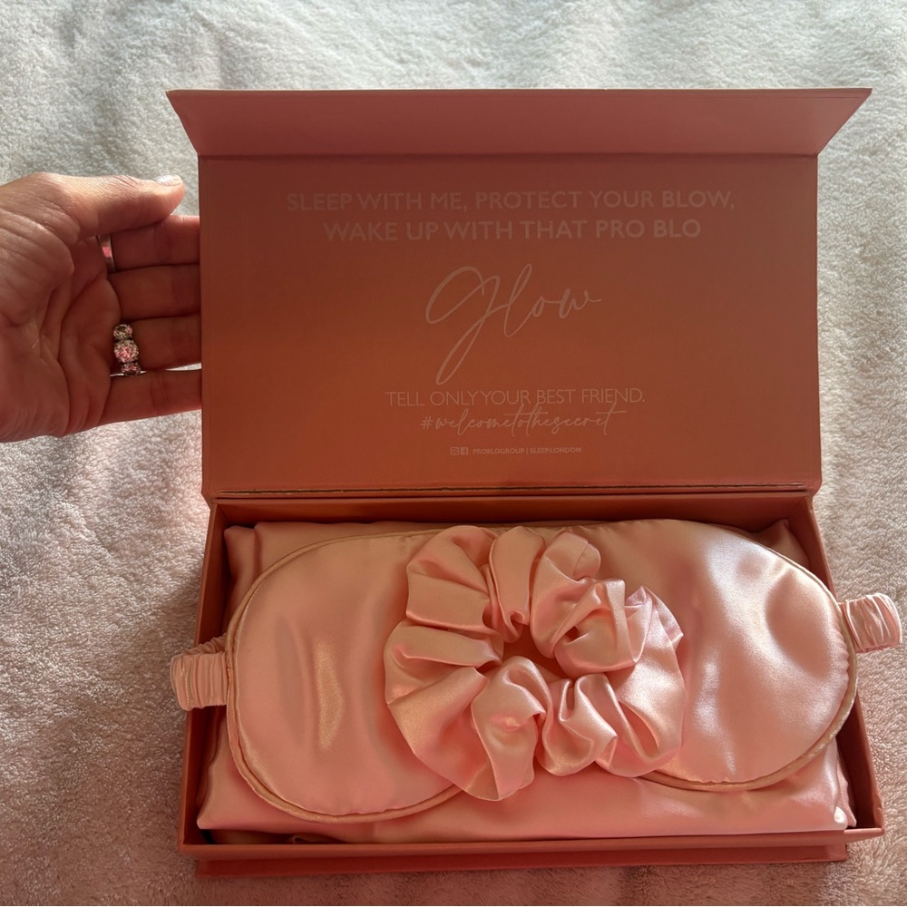 Pink Satin Sleep Mask -3 PC Set w. matching scrunchie & pillow case